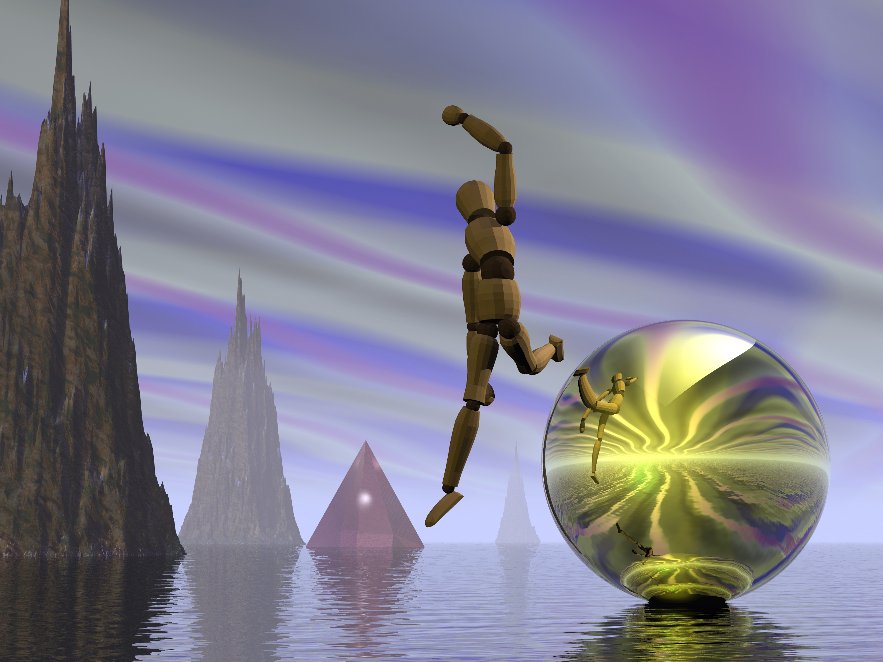 Manikin leaping from reflective sphere in fantastic landscape